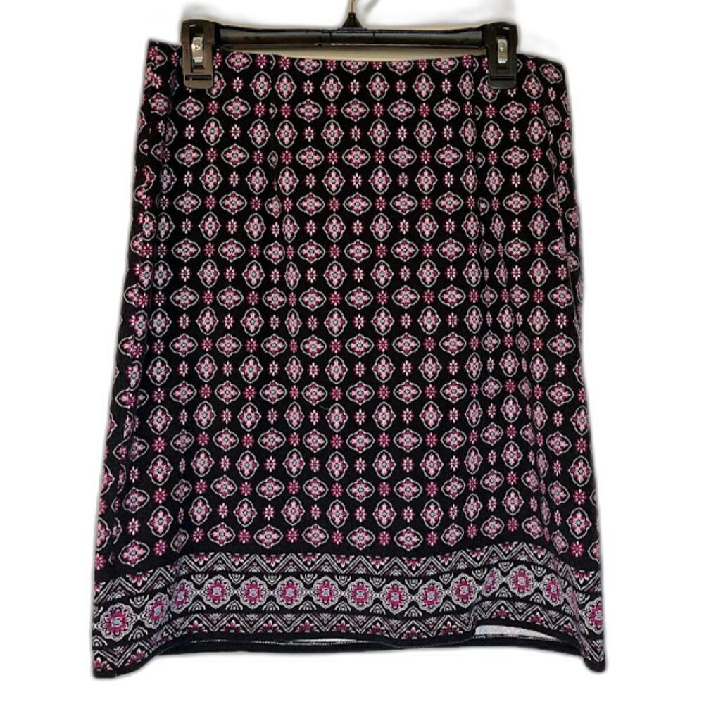 J Jill Black Pink Floral Print Bohochic Business Casual Pullon Skirt Sz S